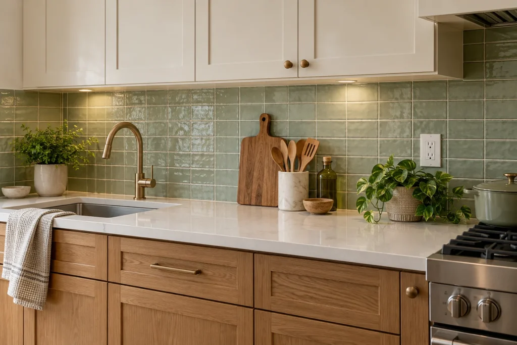 Green ceramic kitchen backsplash with cream cabinets for kitchen backsplash installation planning in Fort Lauderdale