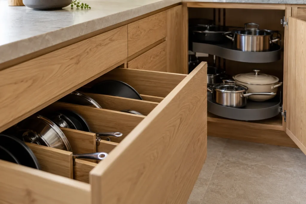 Pull-out oak cabinet drawers with pan dividers for kitchen cabinet installation planning in Fort Lauderdale