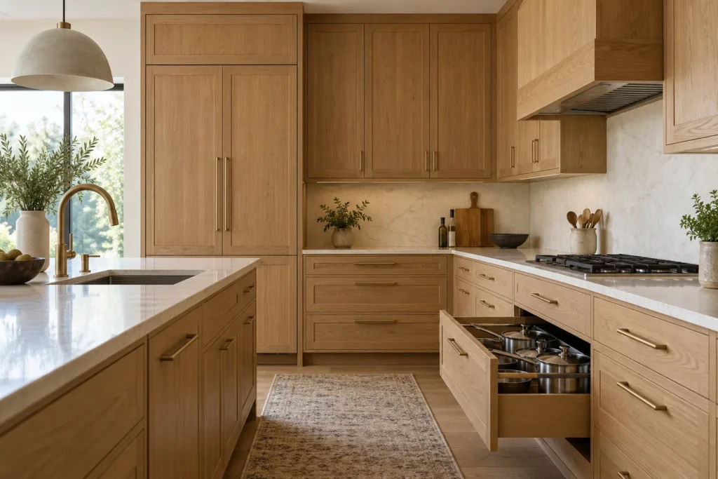 Oak kitchen cabinets with organized pan drawers for kitchen cabinet installation planning in Fort Lauderdale
