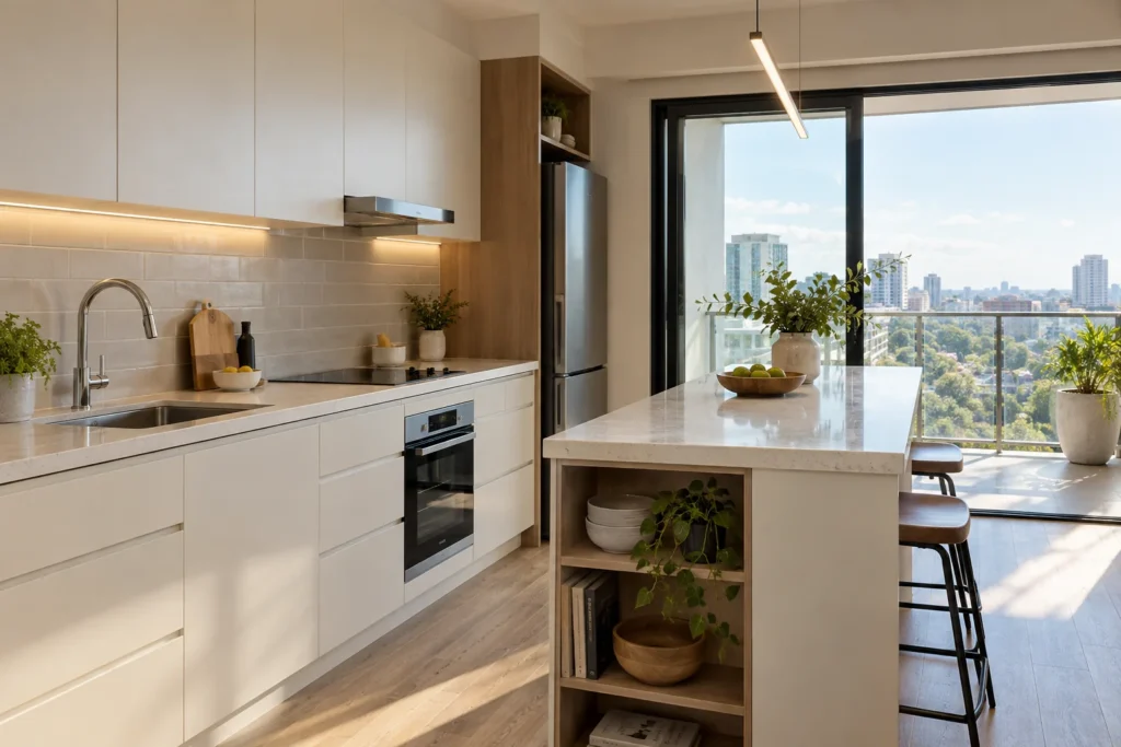 Compact condo kitchen breakfast counter and drawer storage for condo kitchen remodeling planning in Fort Lauderdale