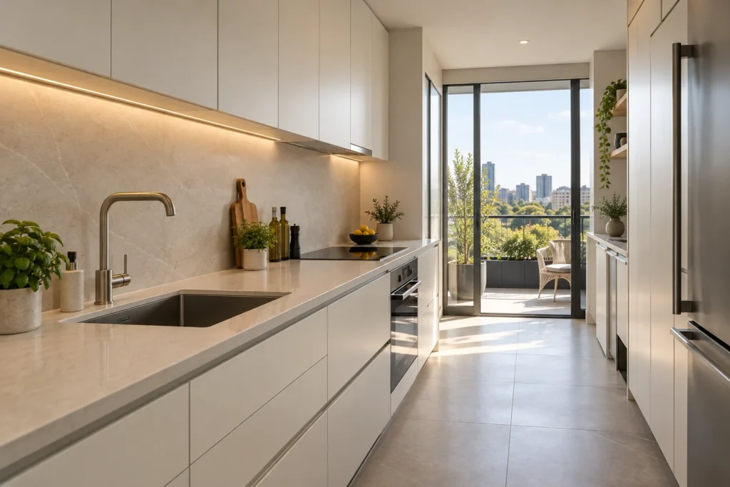 Compact ivory condo kitchen with balcony daylight for condo kitchen remodeling planning in Fort Lauderdale