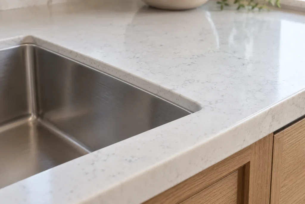 Quartz countertop edge and undermount sink detail for kitchen countertop installation planning in Fort Lauderdale