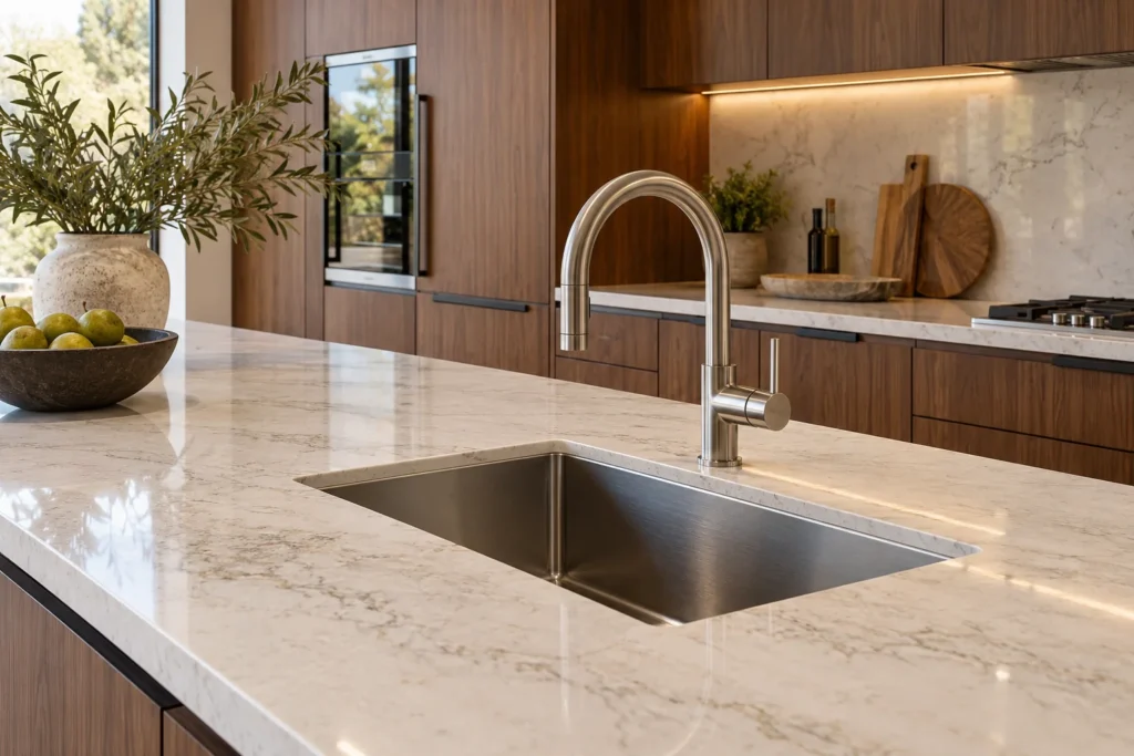 Light quartz kitchen countertop and stainless sink for kitchen countertop installation planning in Fort Lauderdale