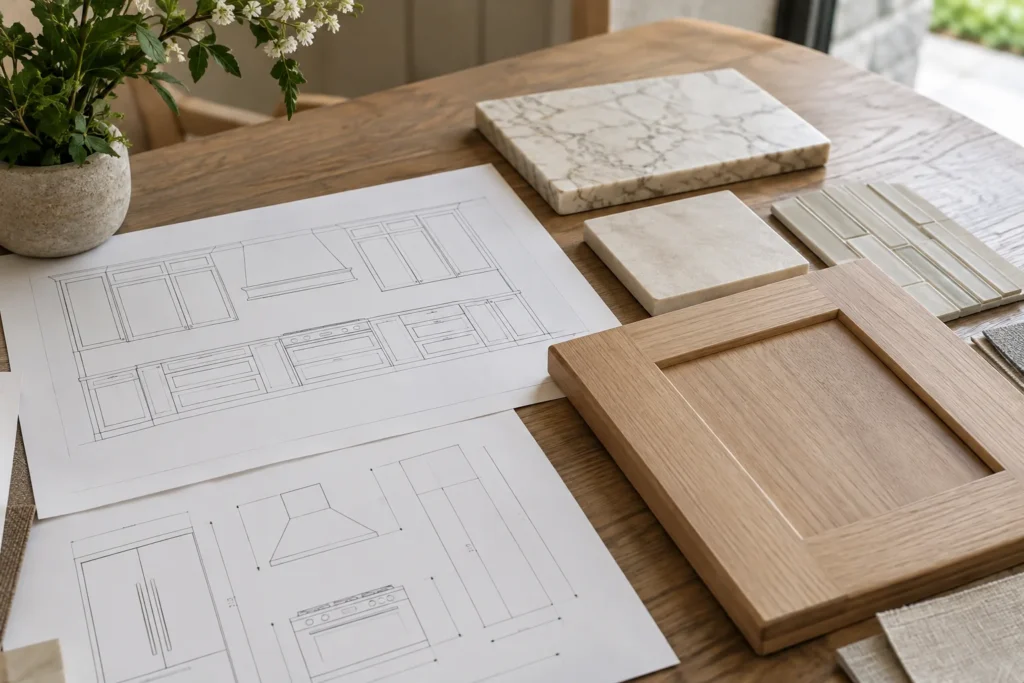 Kitchen cabinet elevation drawing and finish samples for full kitchen remodeling planning in Fort Lauderdale