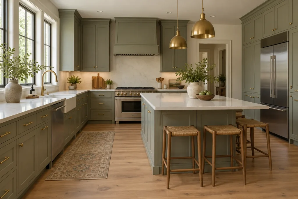 Sage kitchen cabinetry, island and coordinated appliances for full kitchen remodeling planning in Fort Lauderdale