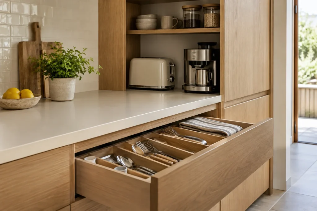 Organized utensil drawer and countertop appliance niche for kitchen remodeling planning in Fort Lauderdale