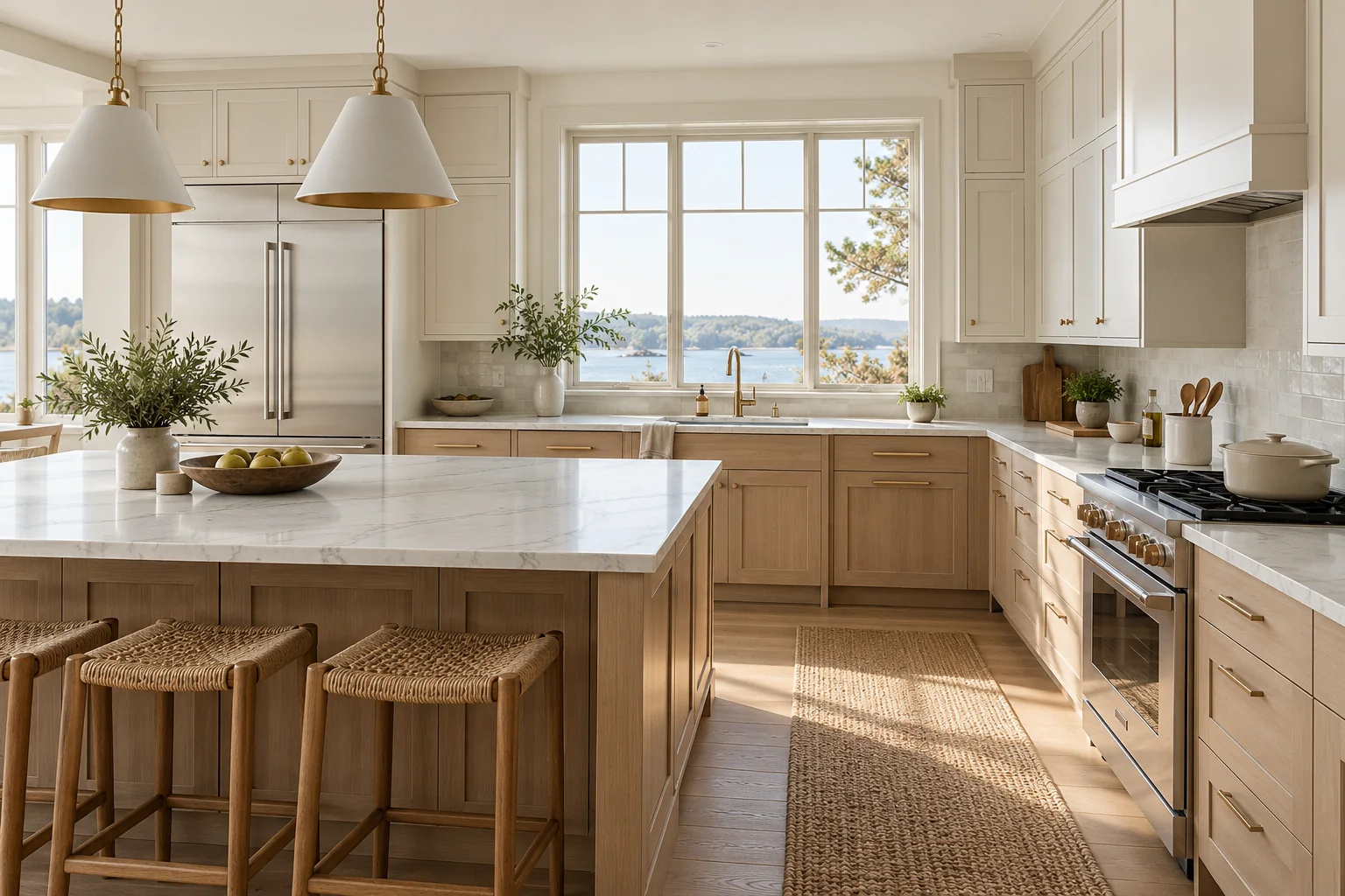 Cream and oak kitchen with a generous prep counter for kitchen remodeling planning in Fort Lauderdale